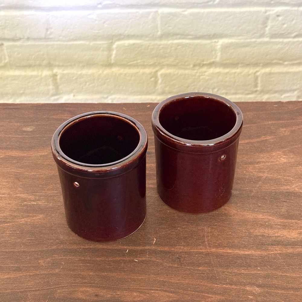 Vintage Brown Glazed Stoneware Crocks Set of 2 Primitive Pottery Jars - Picture 2 of 6